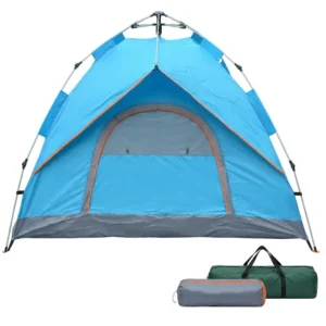 A blue and gray tent set up outdoors, showcasing its fabric and structure against a natural background.