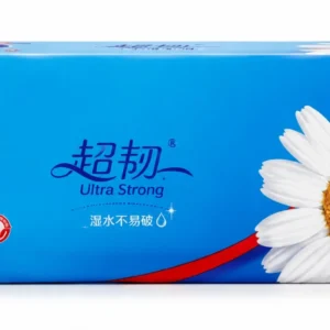 A box of blue toilet paper featuring a daisy design on the front.