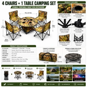 A camping set featuring four chairs, a table, and a tent, ideal for outdoor gatherings and activities.