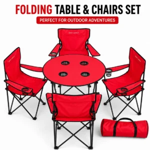 A folding table and chairs set featuring vibrant red fabric upholstery, arranged for outdoor dining or gatherings.