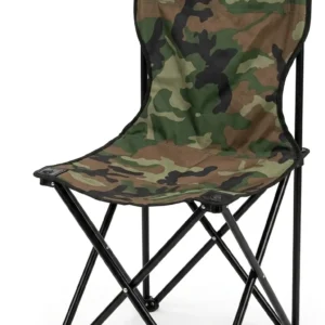 A portable, folding camping chair with a woodland camouflage fabric seat and black metal x-frame legs, isolated on a white background.