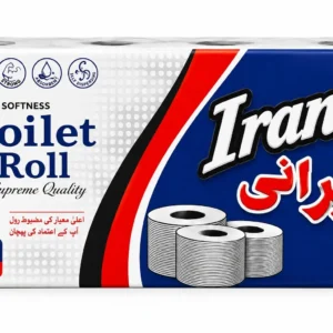 A roll of Irani toilet paper displayed on a wooden surface, showcasing its textured design and packaging