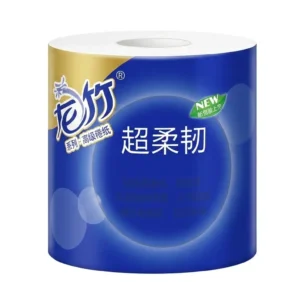 A roll of toilet paper featuring Chinese characters printed on its surface.