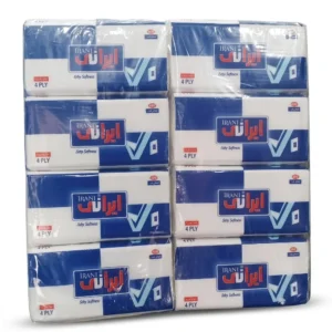 A stack of six boxes of white and blue toilet paper arranged neatly.