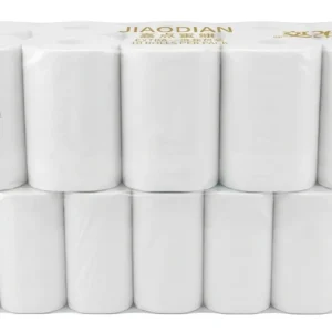 A stack of white toilet paper rolls neatly arranged on a flat surface.