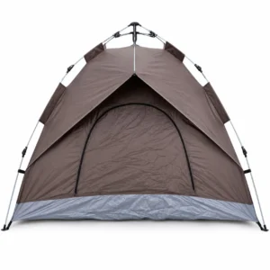A tent featuring a brown and gray color scheme, set up outdoors against a natural backdrop.