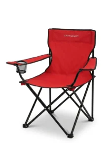 A vibrant red folding camping chair with a built-in cup holder, featuring the GAON LEGACY logo on the backrest, isolated on a clean white background.