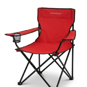 A vibrant red folding camping chair with a built-in cup holder, featuring the GAON LEGACY logo on the backrest, isolated on a clean white background.