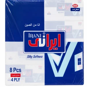 Blue-and-white IRANI tissue paper pack (8 pcs, 4-ply) isolated on a clean background.