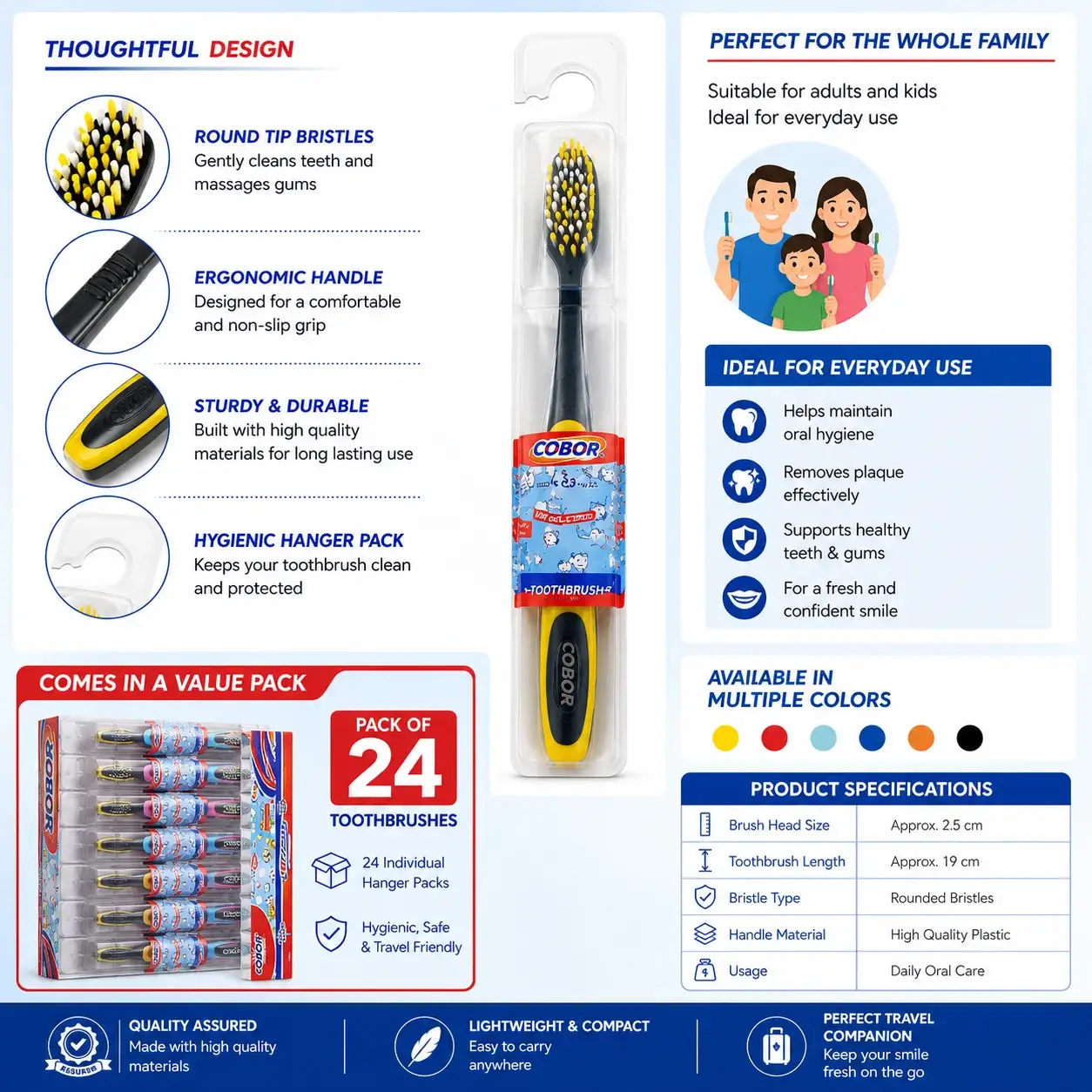 COBOR Multi-Action Toothbrush Soft Rounded Bristles detailed infographics