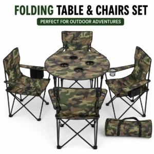 Camouflage folding table and chairs set displayed outdoors, blending with the natural surroundings.