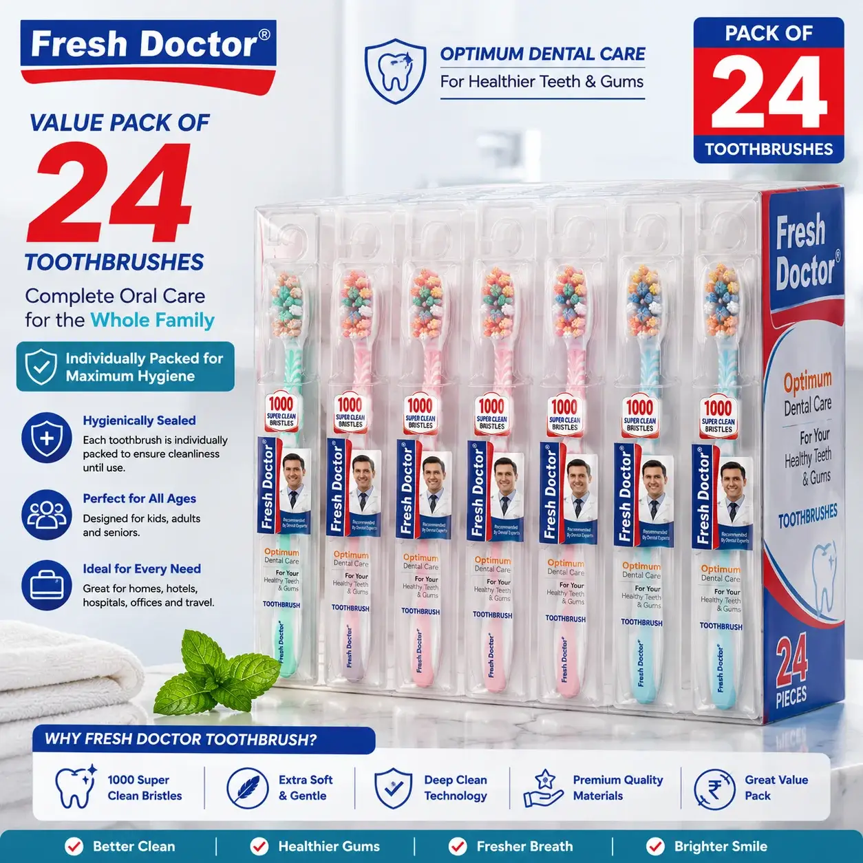 Fresh Doctor 1000 Super Clean Bristles Toothbrush Detailed infographics pack of 24