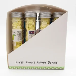 Fresh fruit flavor series featuring vibrant images of assorted fruits like strawberries, oranges, and blueberries.