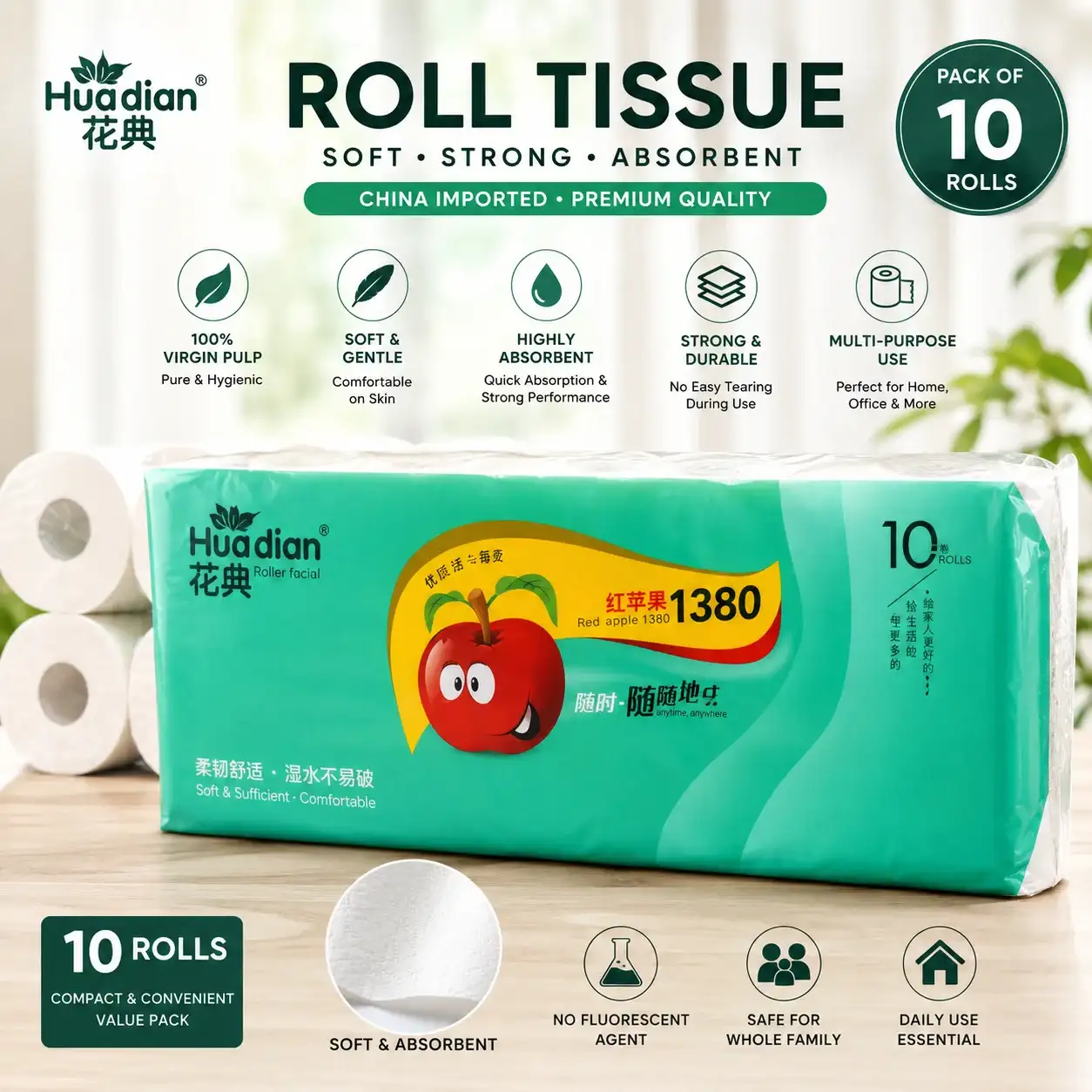 Imported Premium Virgin Pulp Toilet Tissue Rolls (Pack of 10) Hero Product Image