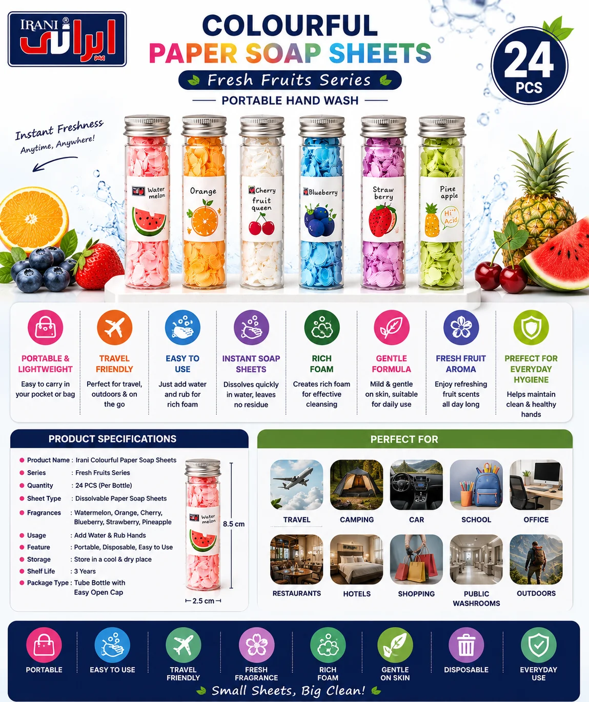 Irani Colourful Paper Soap Sheets – Fresh Fruits Series - Complete Value Infographic