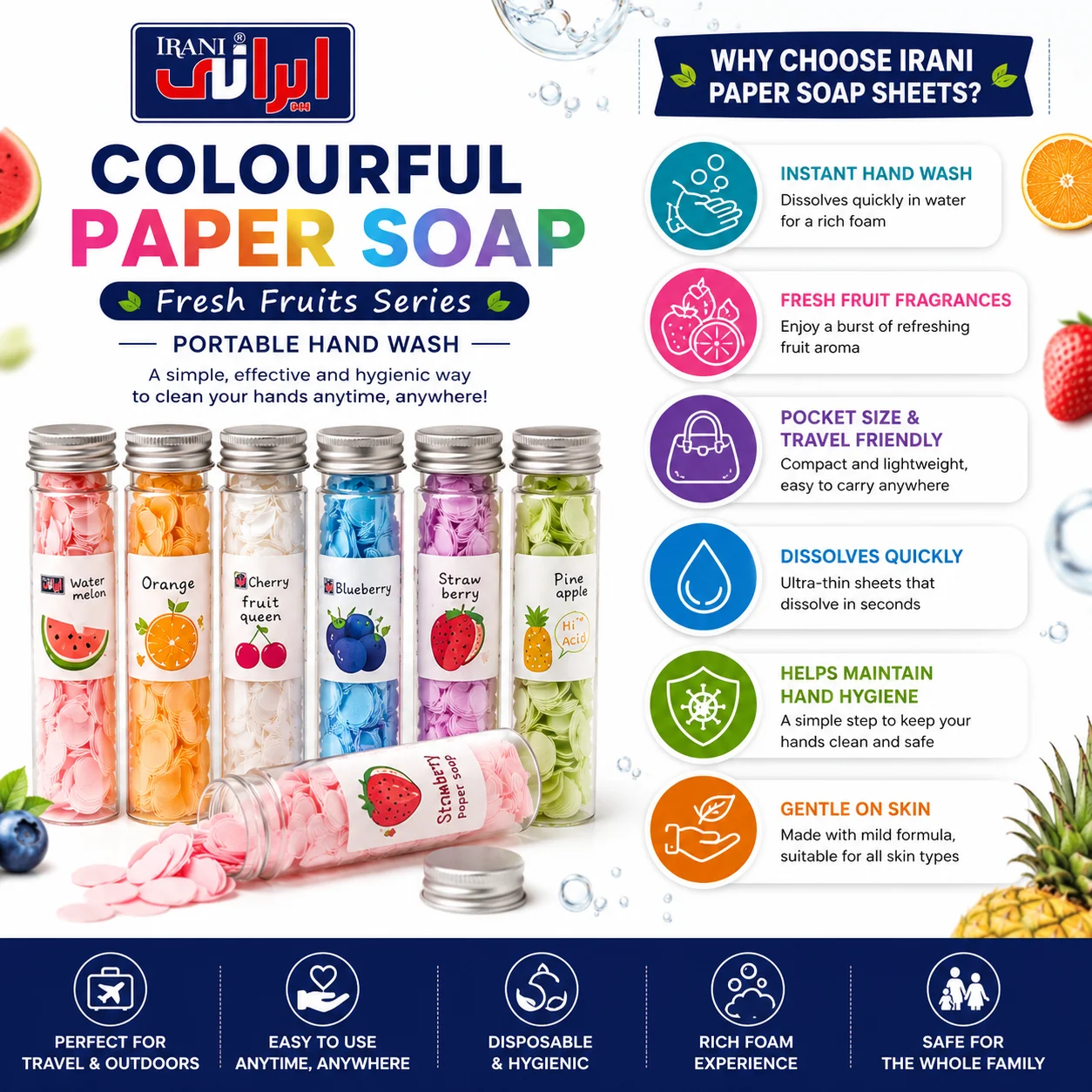 Irani Colourful Paper Soap Sheets – Fresh Fruits Series - Features Infographic