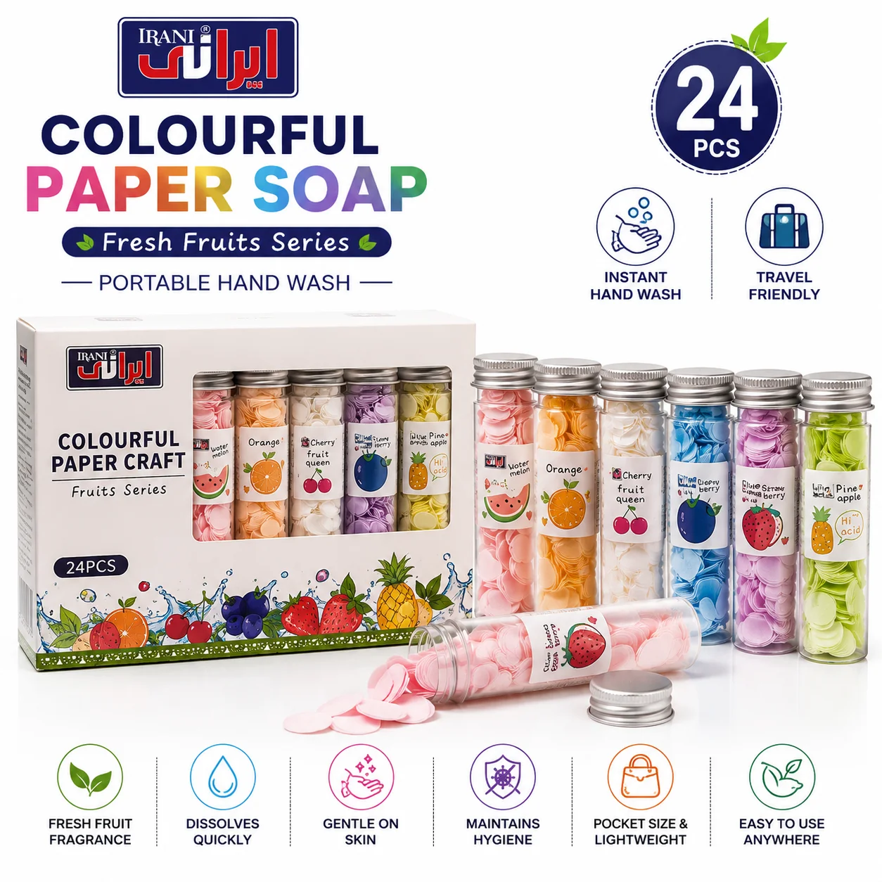 Irani Colourful Paper Soap Sheets – Fresh Fruits Series Hero Product (White Background)