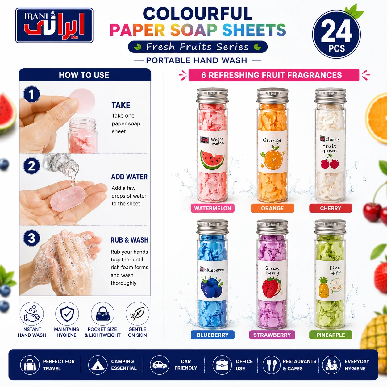 Irani Colourful Paper Soap Sheets – Fresh Fruits Series - How to Use & Fragrance Collection