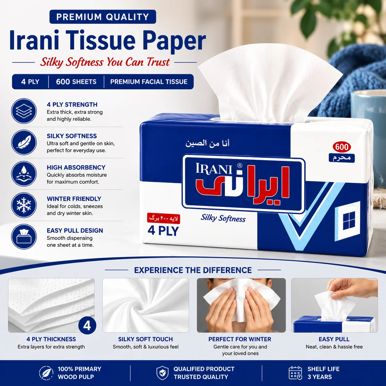 Irani Premium 4-Ply Silky Soft Facial Tissue Paper (600 Sheets) Feature infographic