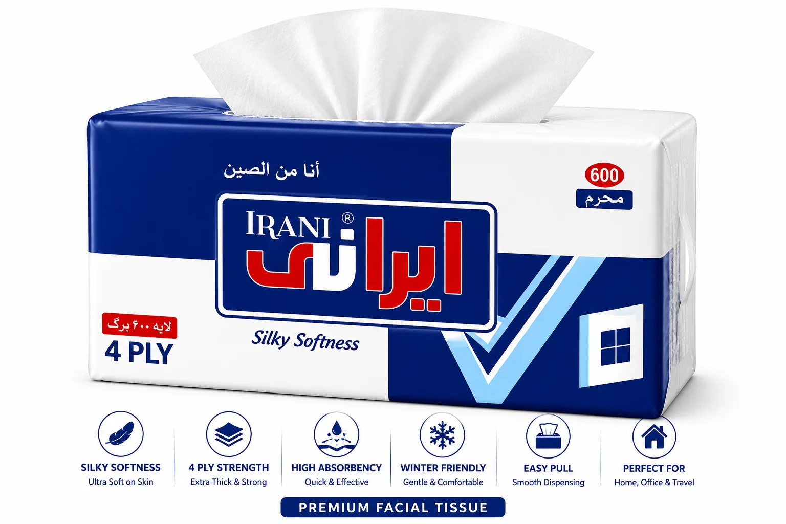Irani Premium 4-Ply Silky Soft Facial Tissue Paper (600 Sheets) white hero product image