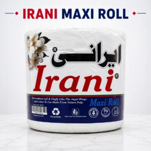 Irani maxi roll of 3-ply paper towels displayed on a white background, showcasing its thickness and absorbency.