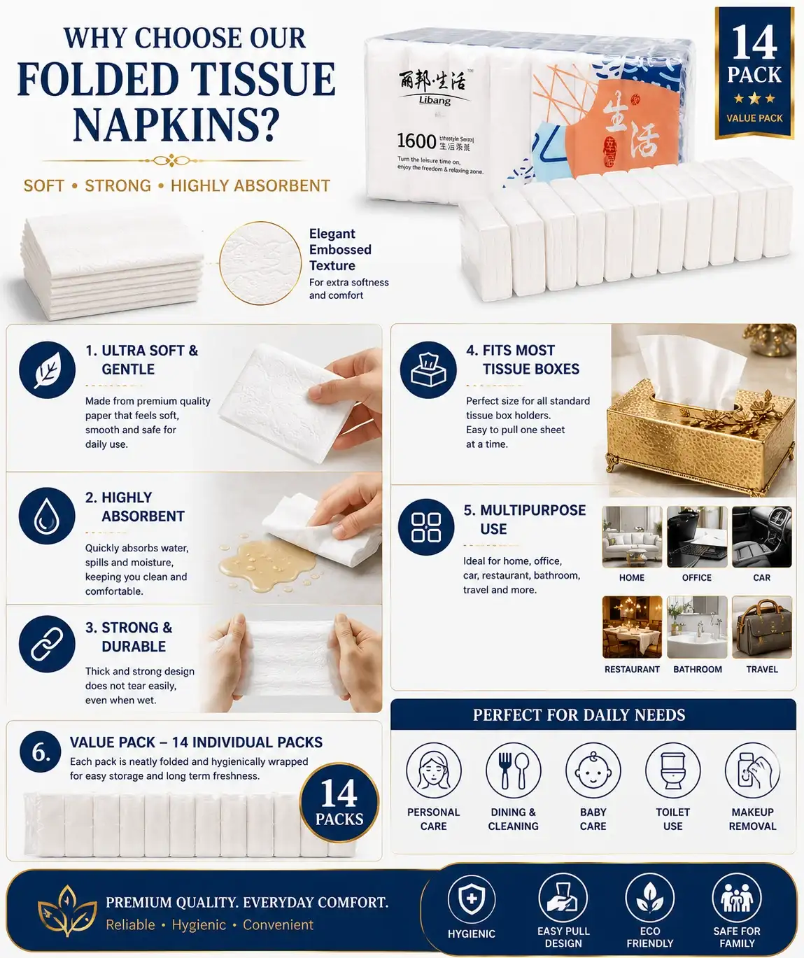 Libang Lifestyle Series Folded Tissue Napkins 14 Pack - Image 2