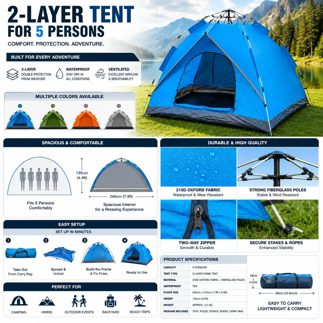 Premium 2-Layer Camping Tent for 5 Persons - Image 2