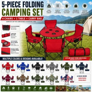 Premium 5-Piece Folding Camping Table & Chair Set with Carry Bag 4 Chairs + 1 Table