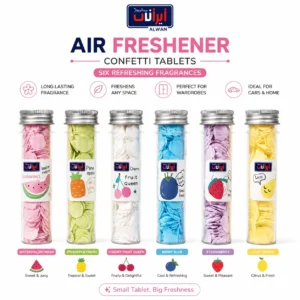 Tujji air freshener confetti tablets in a colorful assortment, designed for enhancing indoor fragrance.