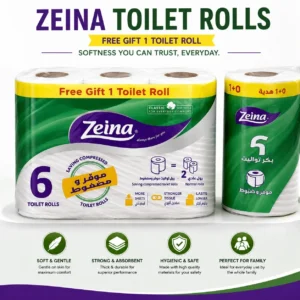 Zenia toilet paper rolls stacked neatly, showcasing their soft texture and packaging for retail display.
