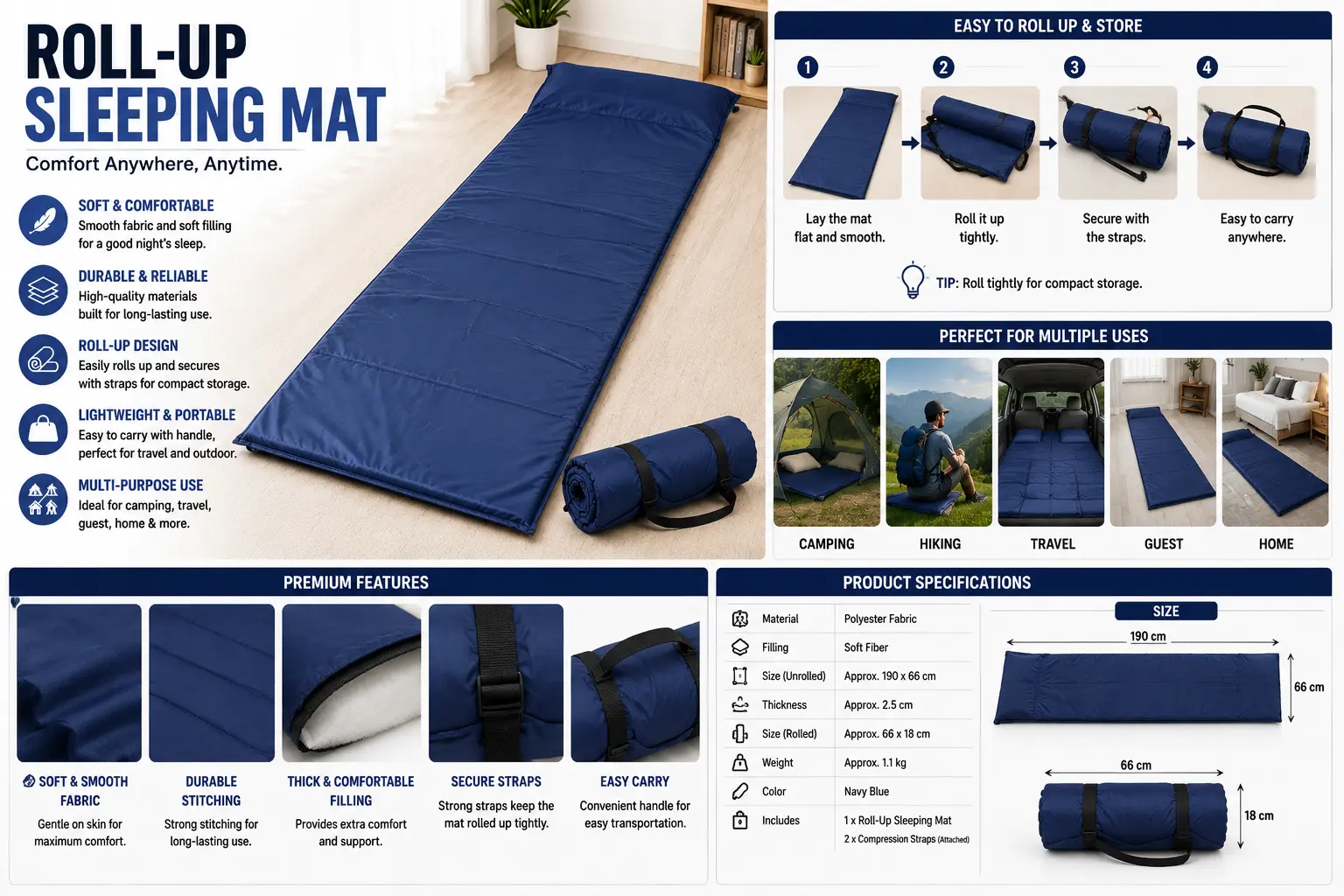 Premium Roll-Up Sleeping Mat with Carry Straps – Portable Camping, Travel & Guest Mattress - Image 2