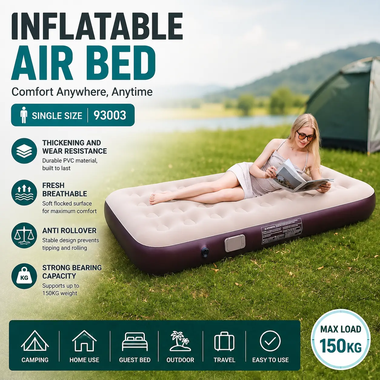 A compact inflatable air bed measuring 15cm x 15cm x 15cm, suitable for travel or temporary sleeping arrangements.