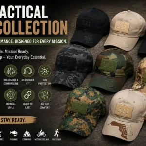 A display of various 5.11 Tactical caps showcasing different styles and colors arranged neatly on a surface.