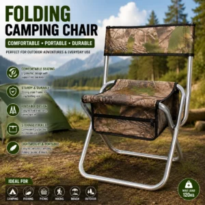 A folding camping chair displayed outdoors, featuring a sturdy frame and fabric seat, ideal for outdoor activities