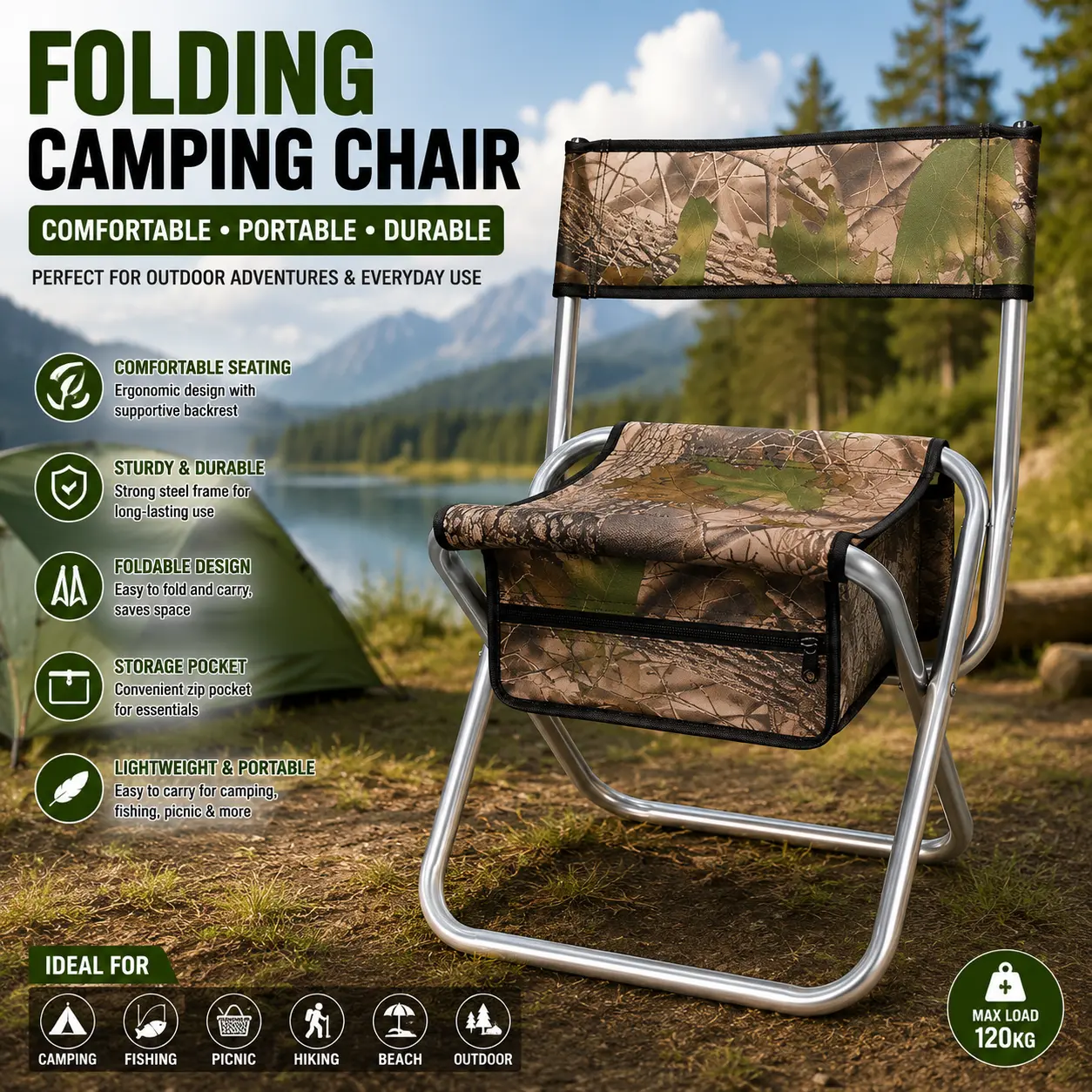 A folding camping chair displayed outdoors, featuring a sturdy frame and fabric seat, ideal for outdoor activities