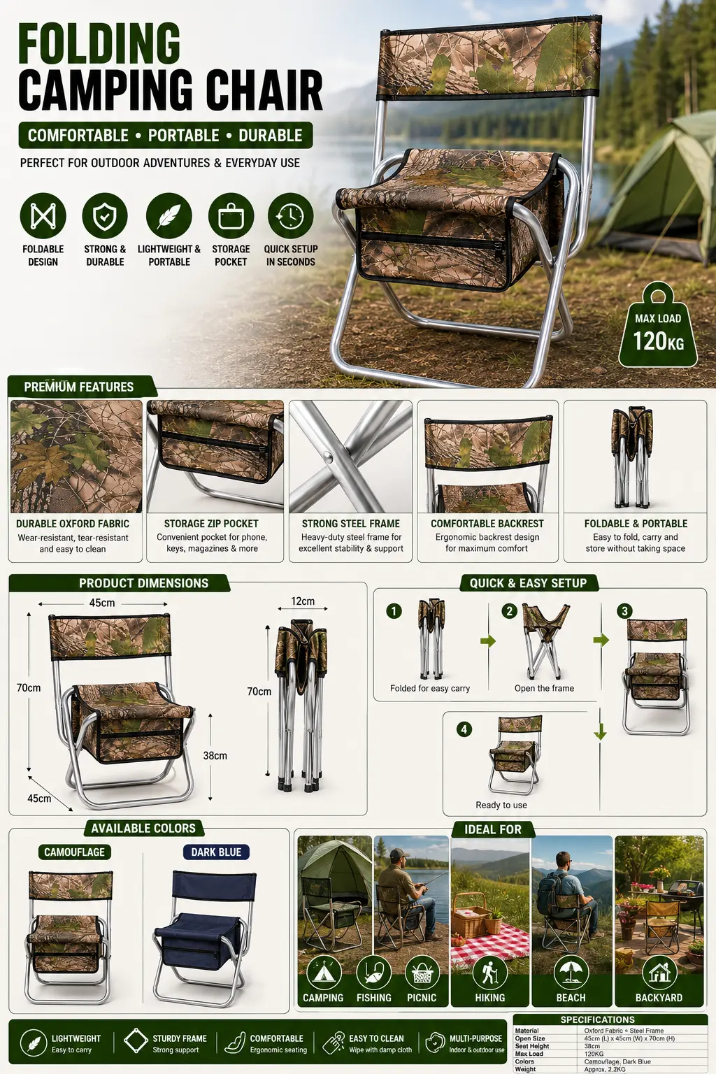 A folding camping chair displayed outdoors, showcasing its compact design and sturdy frame for outdoor use