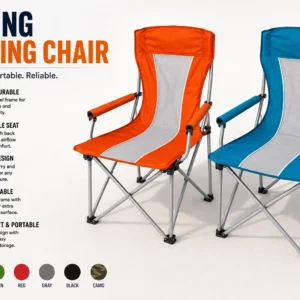 A folding camping chair featuring a blue and orange seat, designed for outdoor use and easy portability