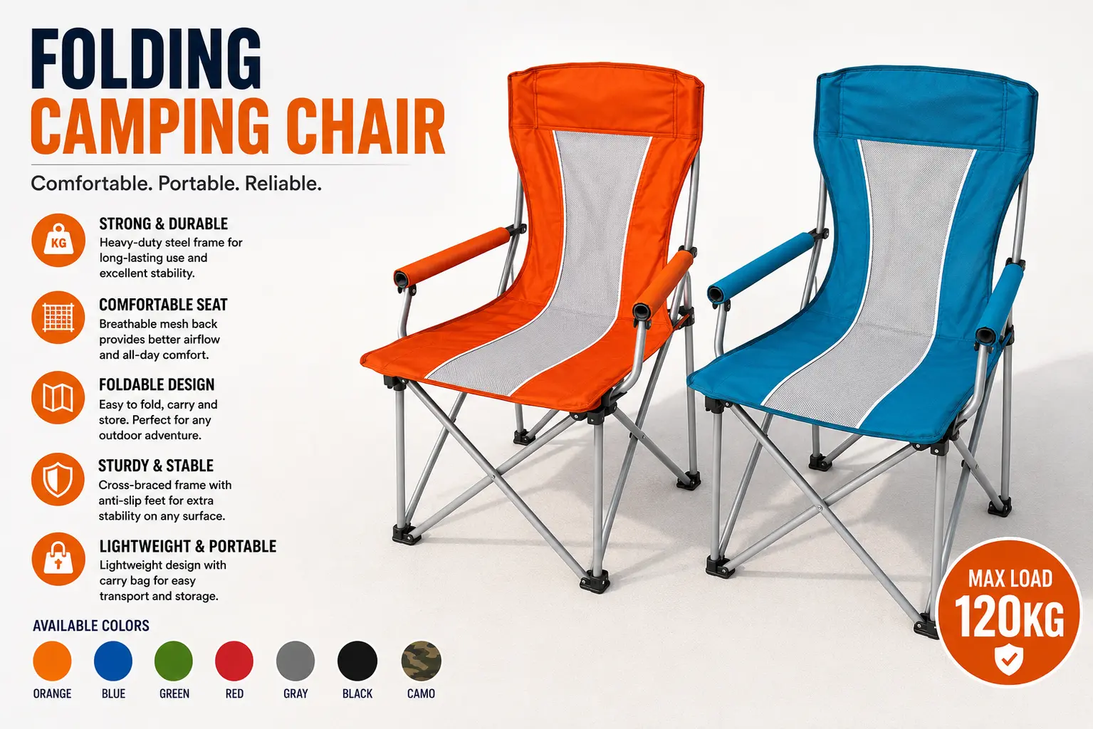 A folding camping chair featuring a blue and orange seat, designed for outdoor use and easy portability