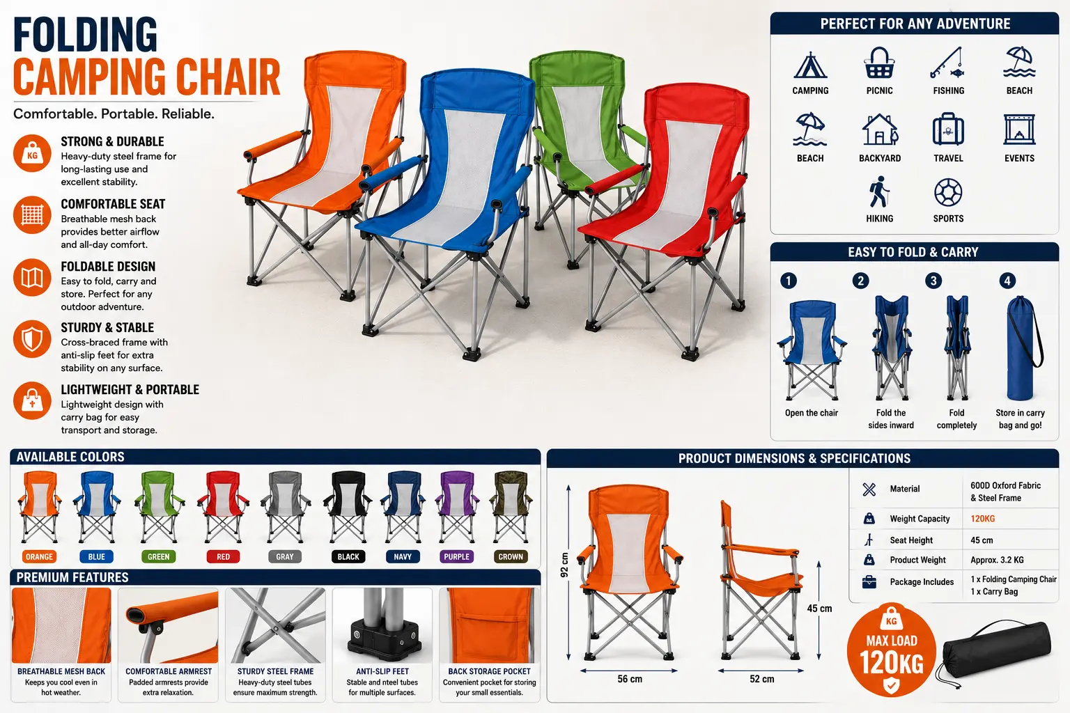 A folding camping chair showcasing multiple features, including cup holders, adjustable height, and durable fabric