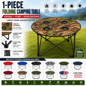 A folding camping table displayed in various colors, showcasing its versatility and design options for outdoor use.