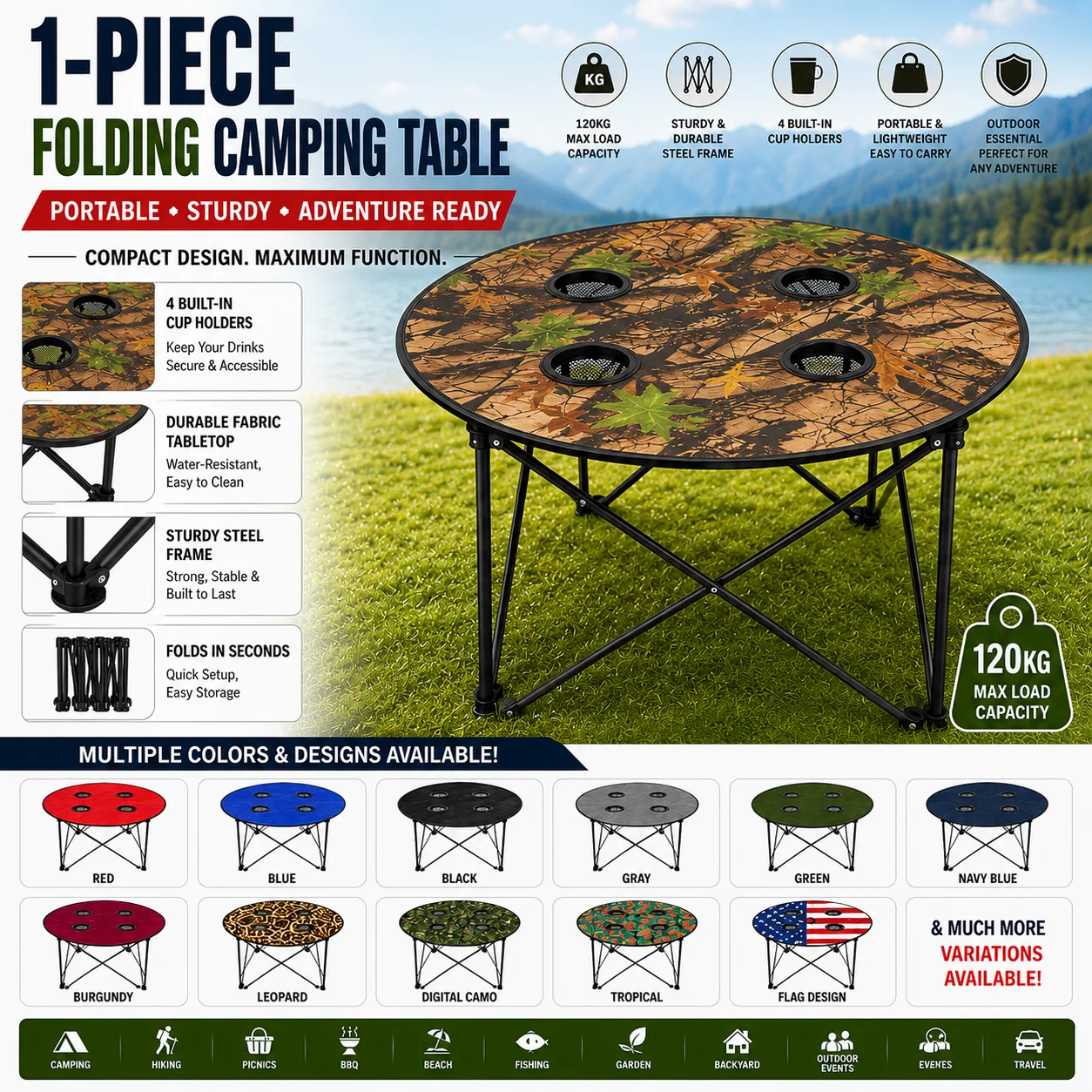 A folding camping table displayed in various colors, showcasing its versatility and design options for outdoor use.