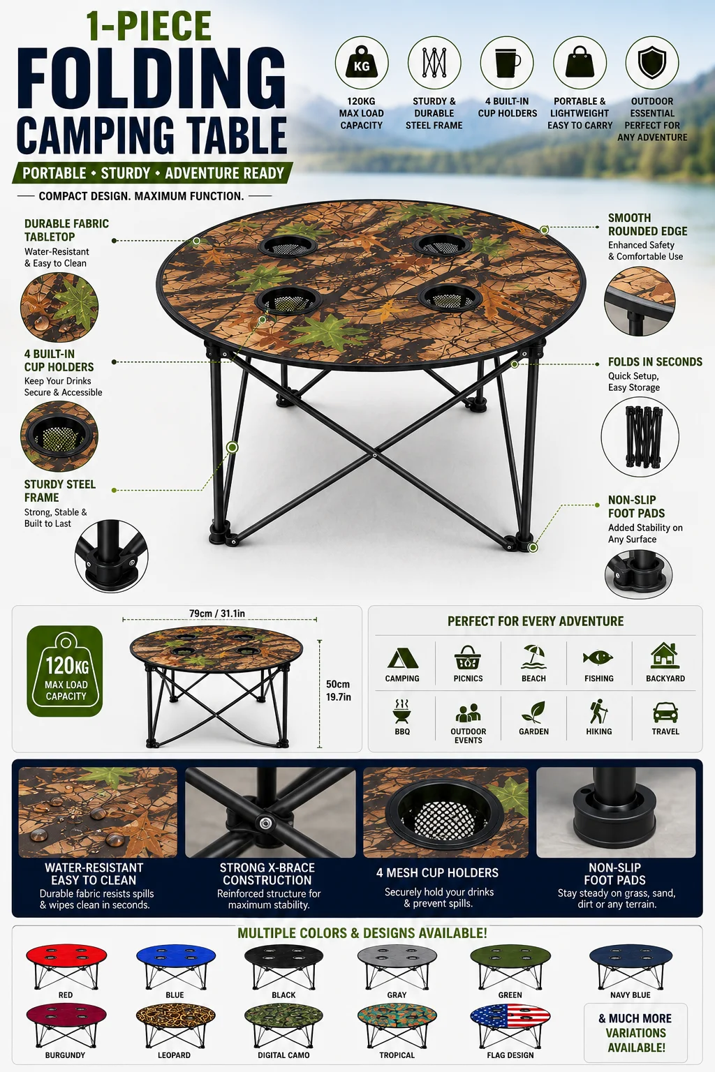 A folding camping table displaying various features, including adjustable height and built-in cup holders.
