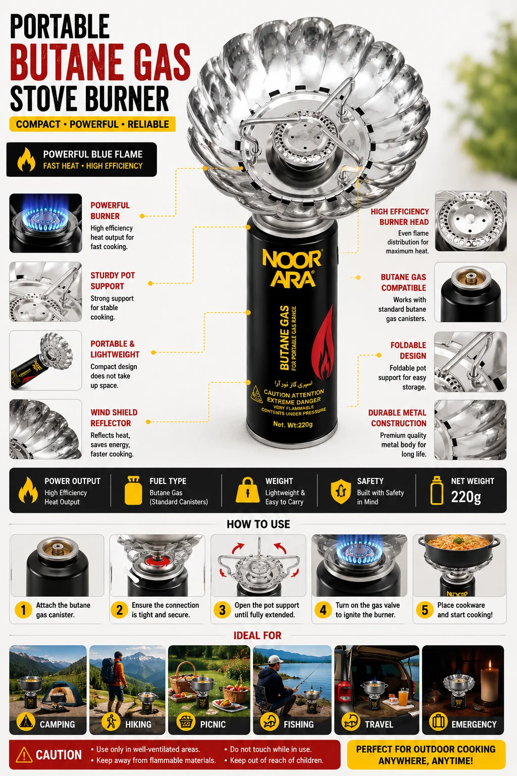 Noor Ara Portable Butane Gas Stove Burner | 220g Butane Gas Canister - Image 2