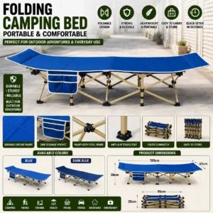 A portable folding camping bed set up outdoors, showcasing its compact design and sturdy frame for comfortable sleeping.