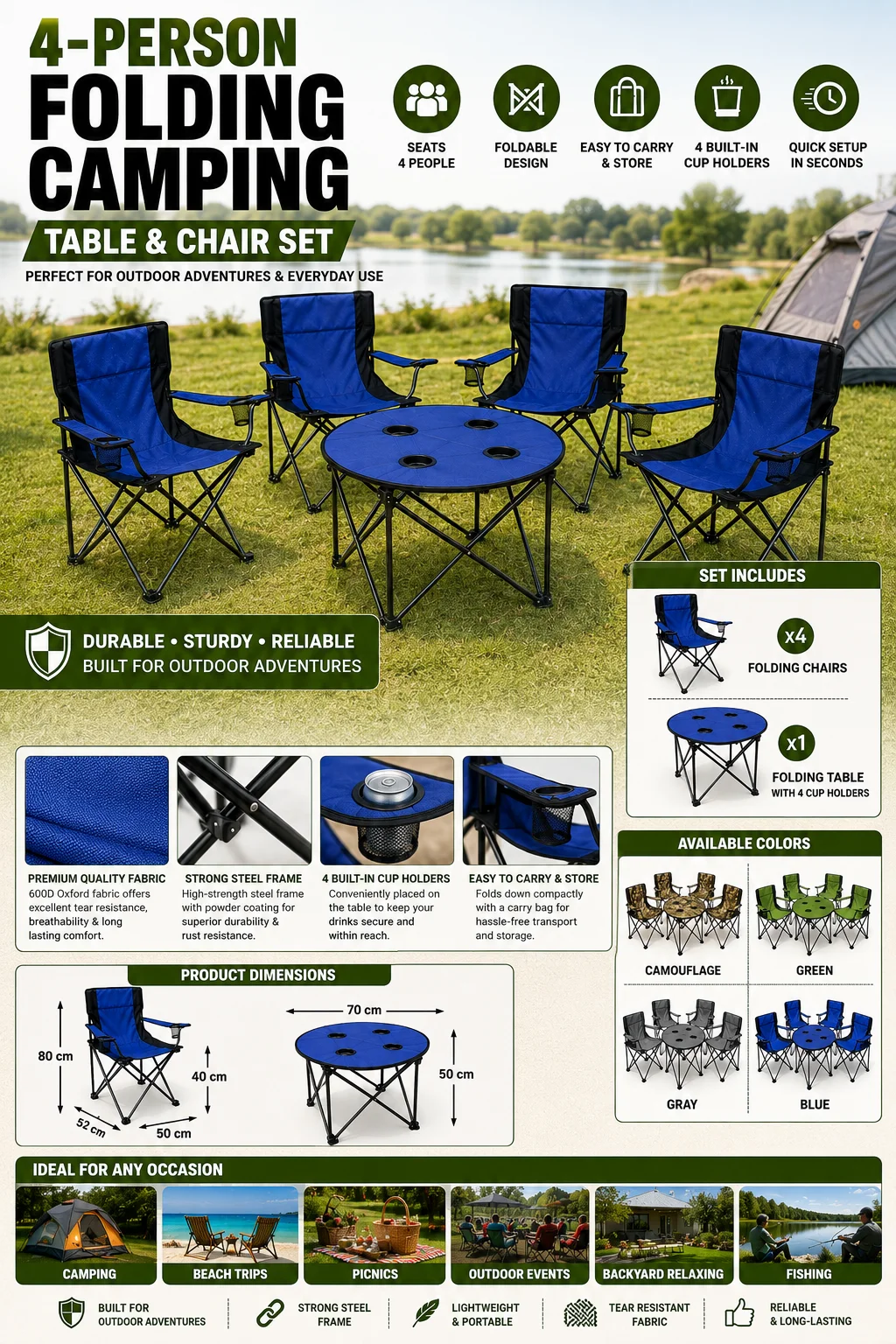 A promotional flyer showcasing various folding camping chairs and tables with images and pricing details.