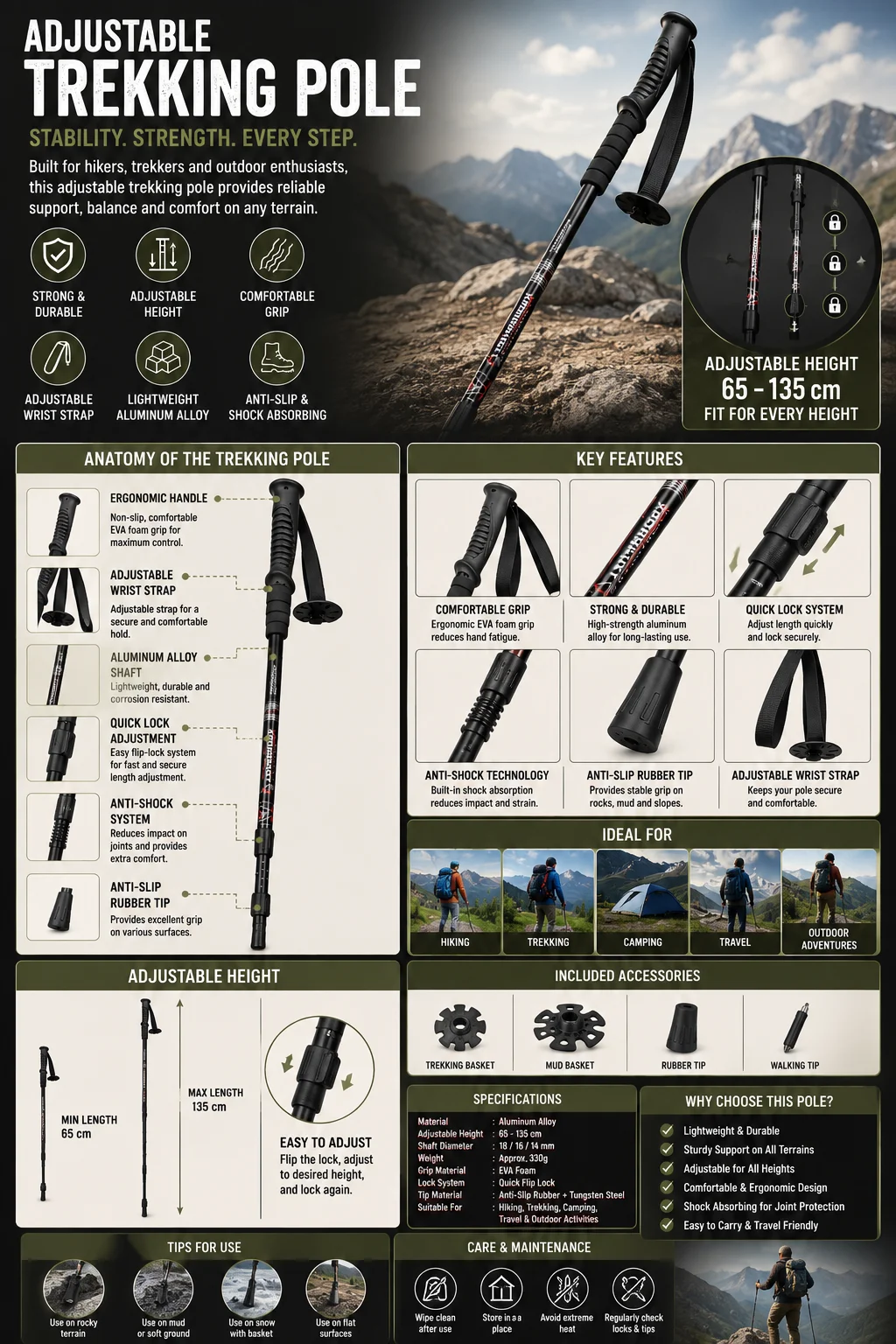 A trekking pole is displayed, featuring a sturdy grip and adjustable length for outdoor hiking and trekking activities.