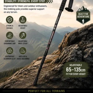 Adjustable trekking pole displayed in an advertisement, highlighting its features and versatility for outdoor activities.