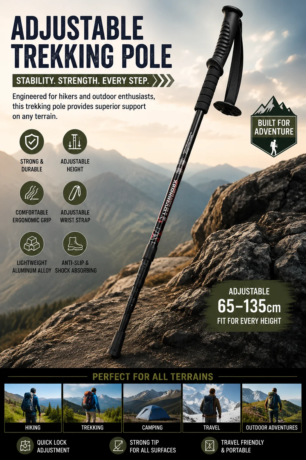 Adjustable trekking pole displayed in an advertisement, highlighting its features and versatility for outdoor activities.