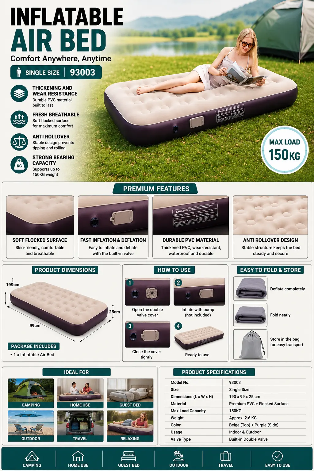 An inflatable air bed displayed in an advertisement, showcasing its design and features for potential buyers.