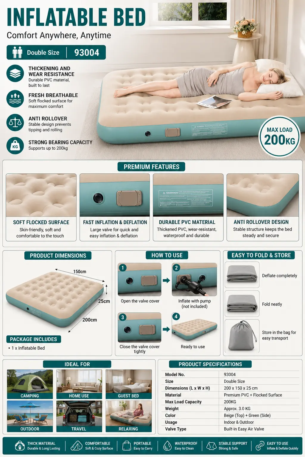 An inflatable bed displayed in an advertisement, showcasing its design and features for potential buyers.